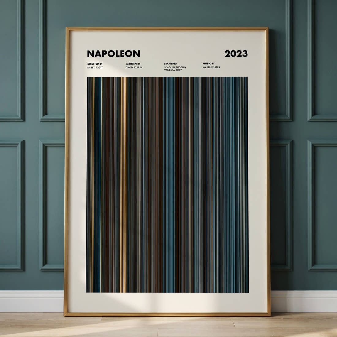 Napoleon Movie Barcode Poster framed and leaning against a panelled wall