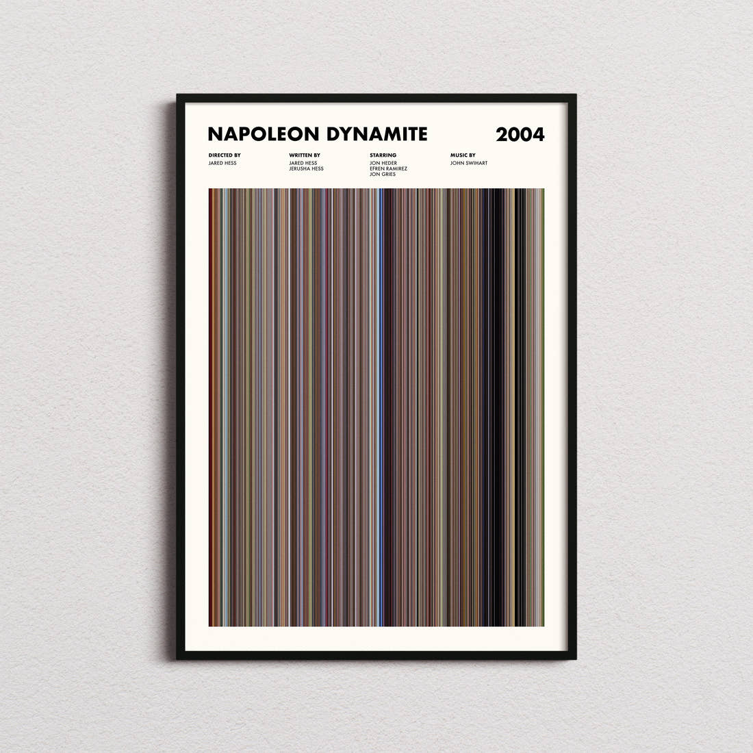 Napoleon Dynamite Movie Barcode Poster framed on a plain studio wall