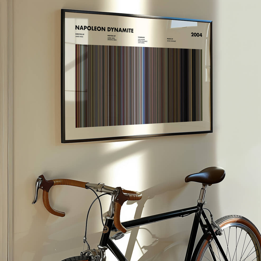 Napoleon Dynamite Movie Barcode Poster framed on the wall of a styled room setting