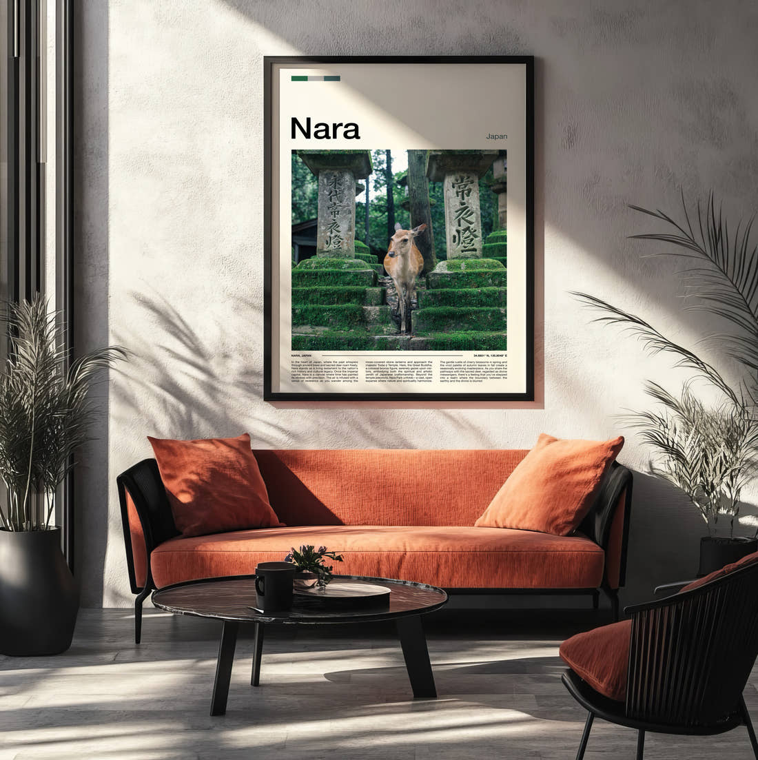 Nara Deer And Stone Lanterns Travel Print framed on the wall of a modern living room