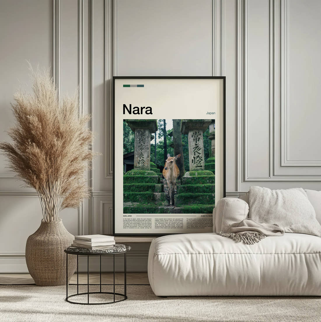 Nara Deer And Stone Lanterns Travel Print framed on the wall of a calm, neutral bedroom