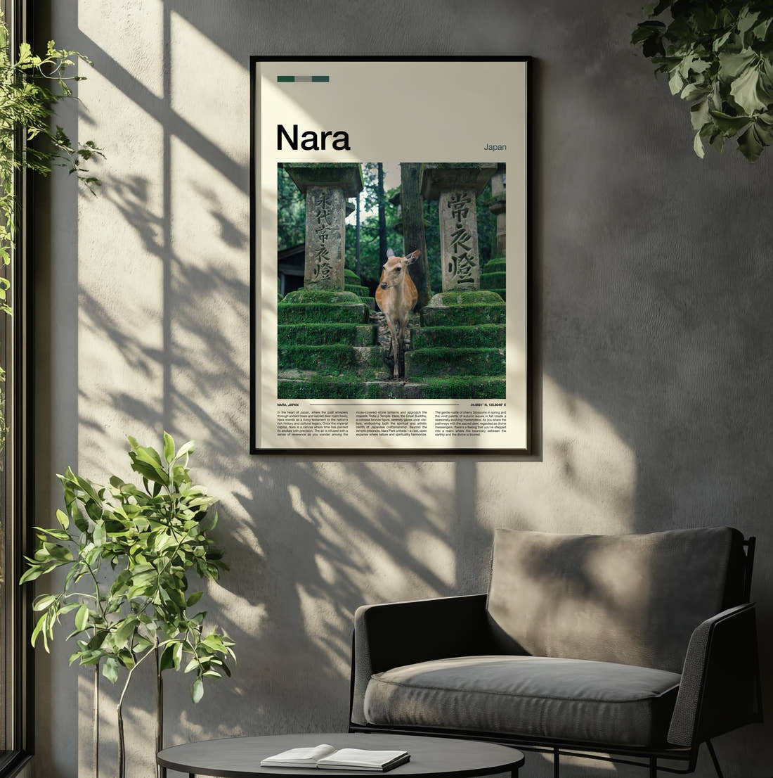 Nara Deer And Stone Lanterns Travel Print framed on the wall of a relaxed living room