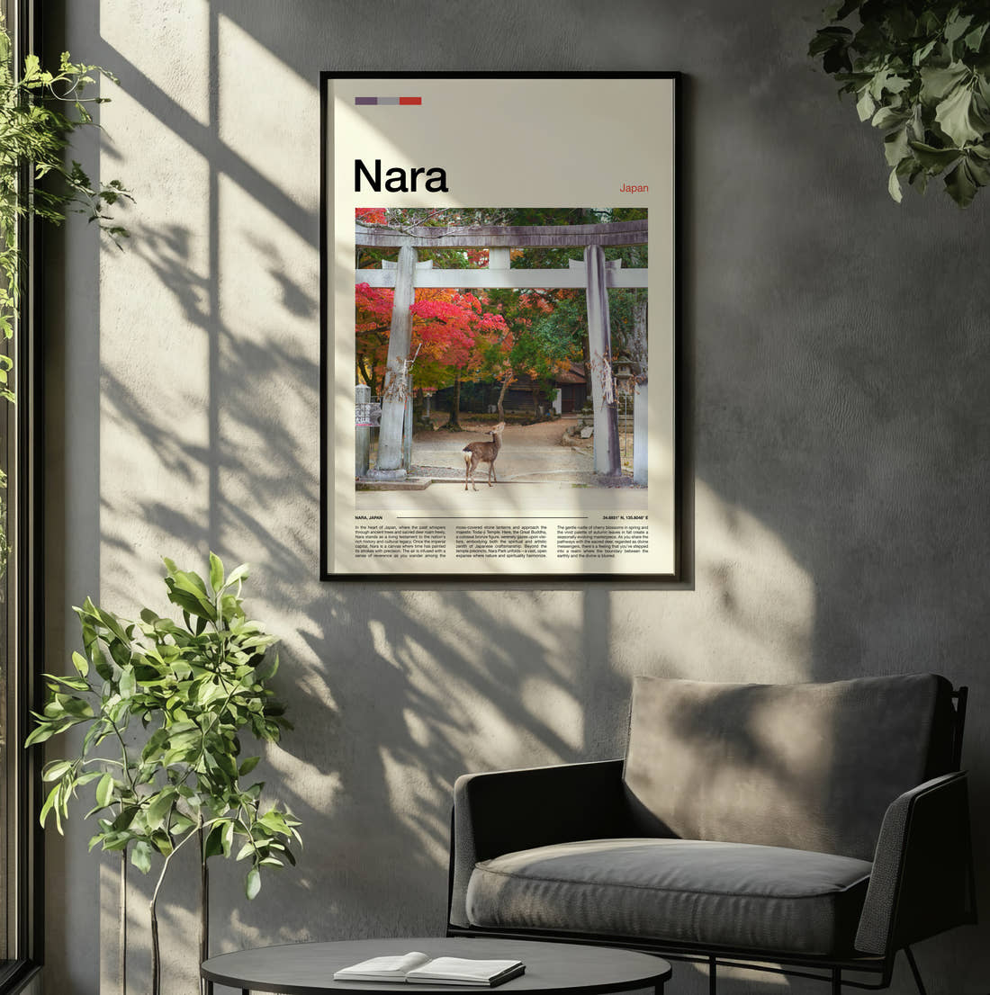 Nara Deer By Torii Gate Travel Print framed on the wall of a relaxed living room