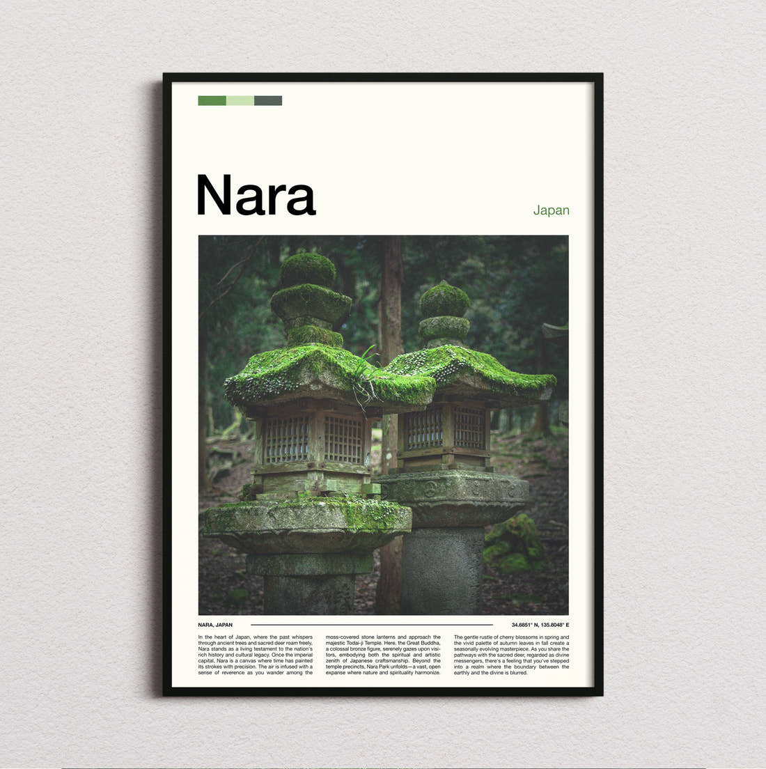 Nara Mossy Stone Lanterns Travel Print framed and photographed straight on