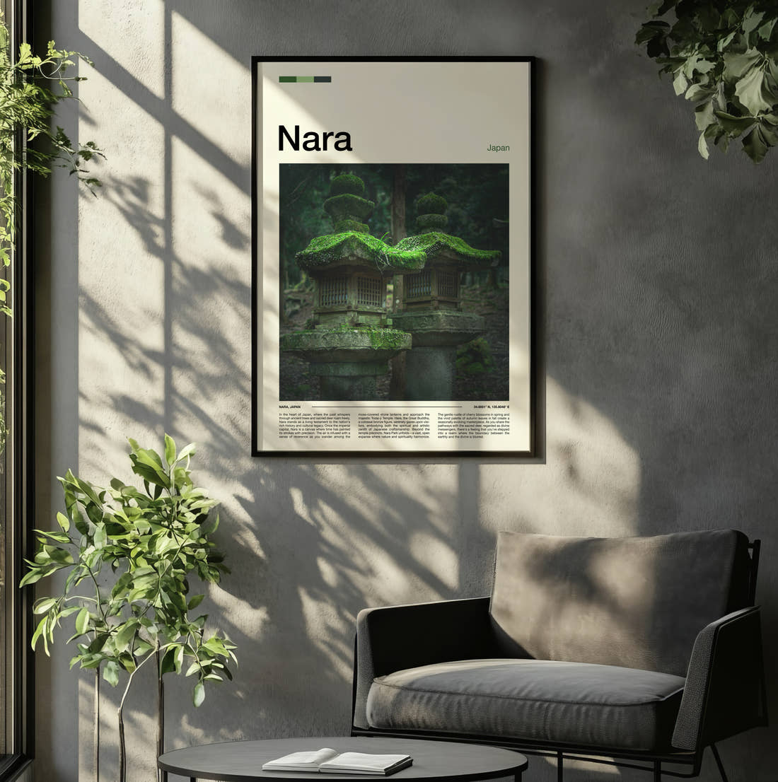 Nara Mossy Stone Lanterns Travel Print framed on the wall of a relaxed living room