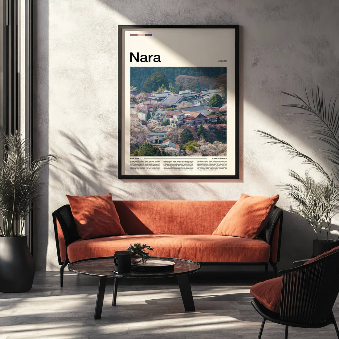 Nara Village Rooftops And Blossom Travel Print framed on the wall of a modern living room