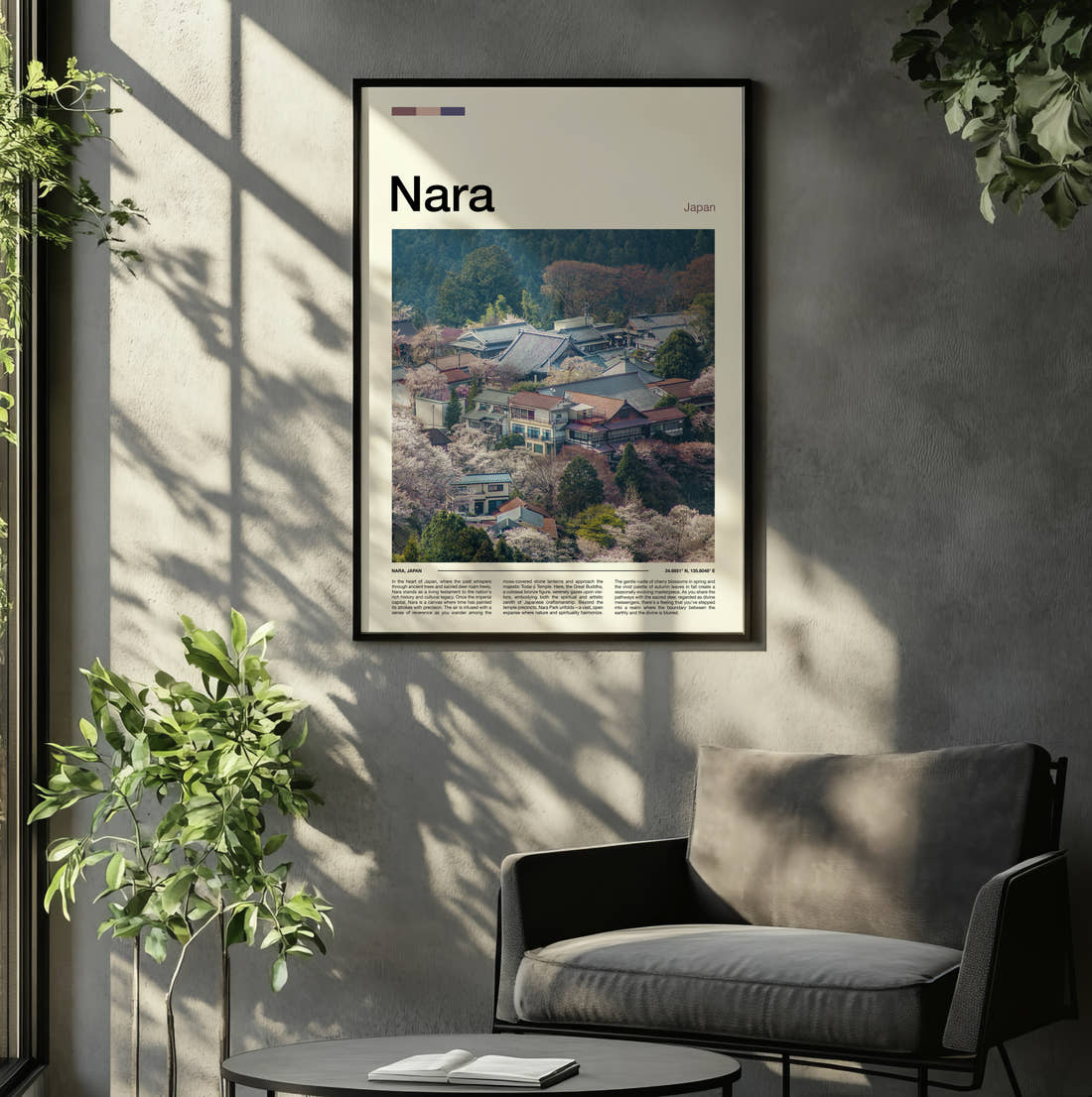 Nara Village Rooftops And Blossom Travel Print framed on the wall of a relaxed living room