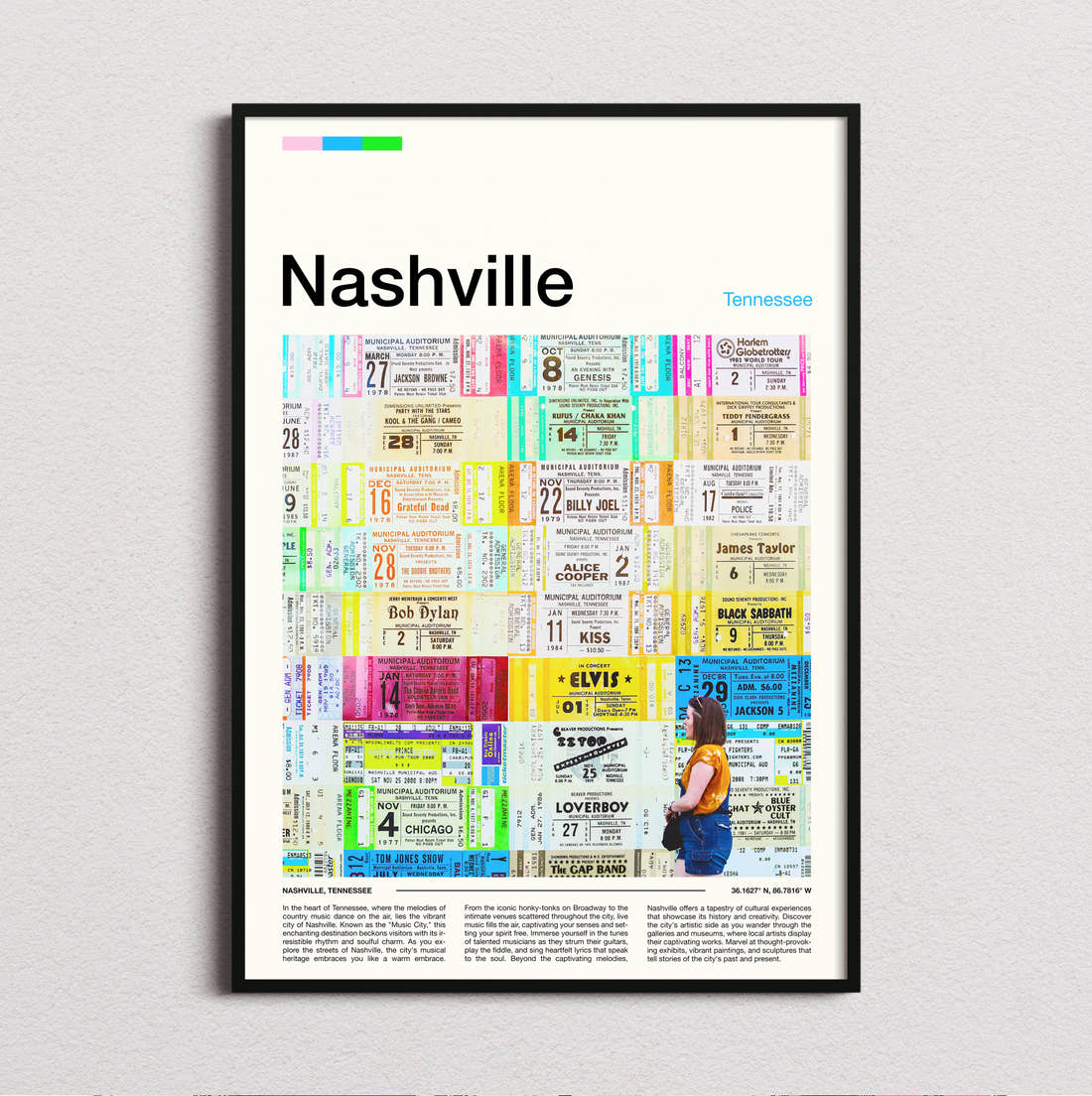 Nashville Wall Of Concert Tickets Travel Print framed and photographed straight on