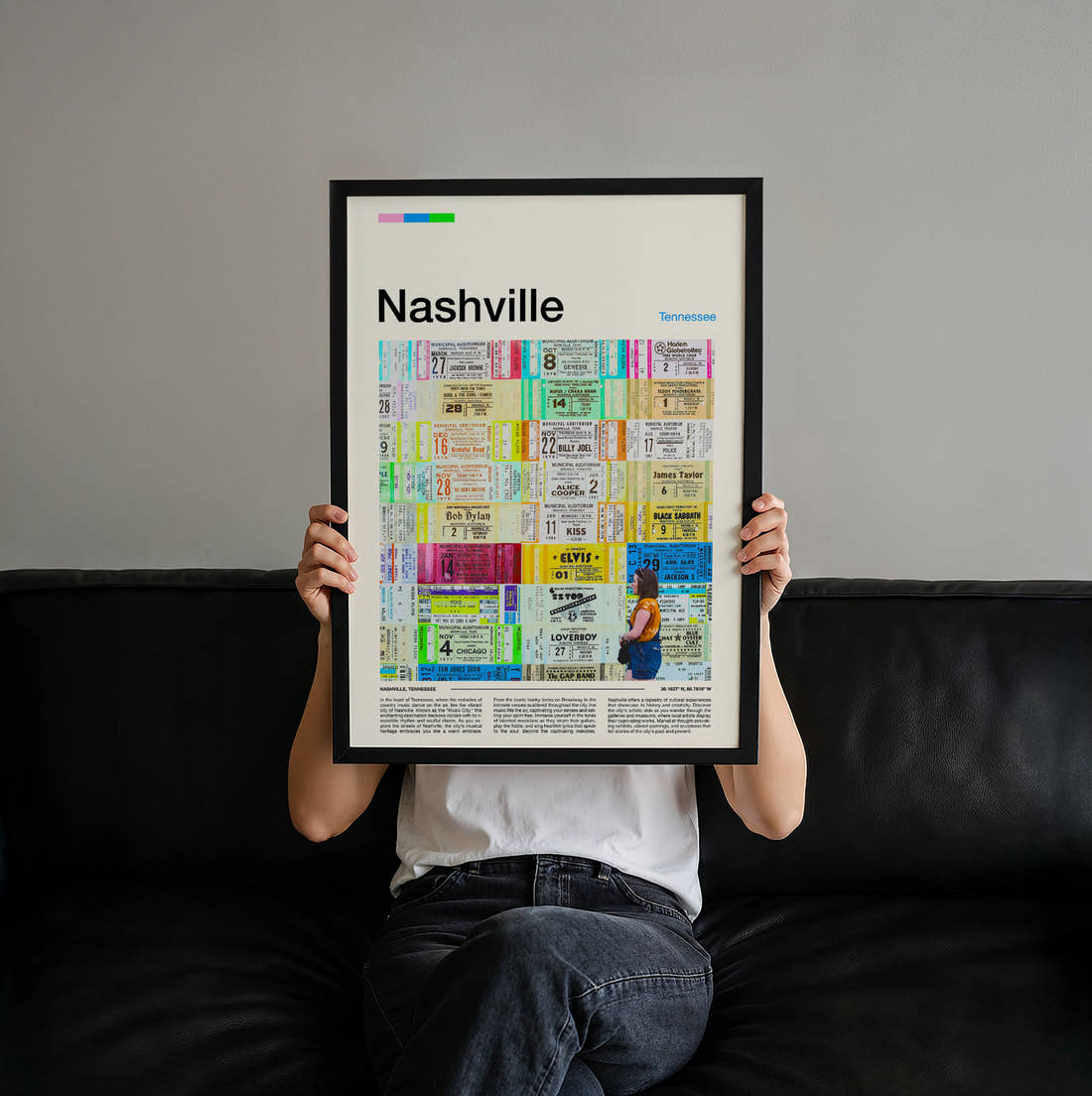 Nashville Wall Of Concert Tickets Travel Print held up by hand to show the size of the print