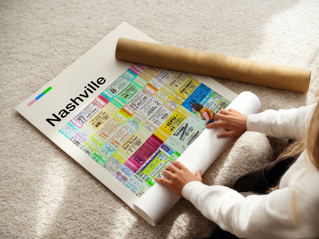 Nashville Wall Of Concert Tickets Travel Print being unrolled from its postal tube