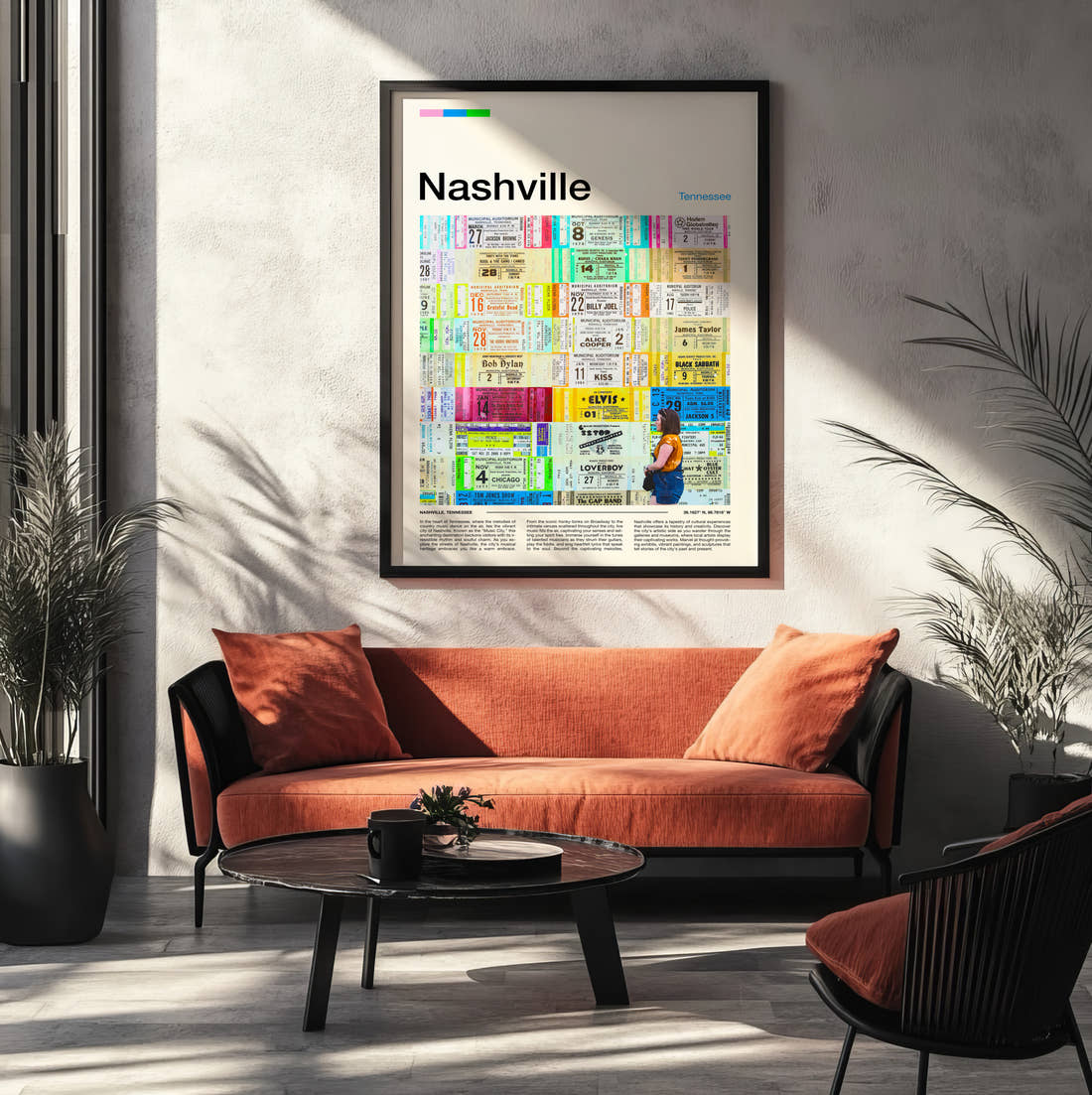 Nashville Wall Of Concert Tickets Travel Print framed on the wall of a modern living room