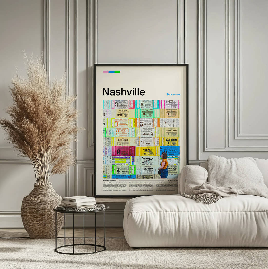 Nashville Wall Of Concert Tickets Travel Print framed on the wall of a calm, neutral bedroom