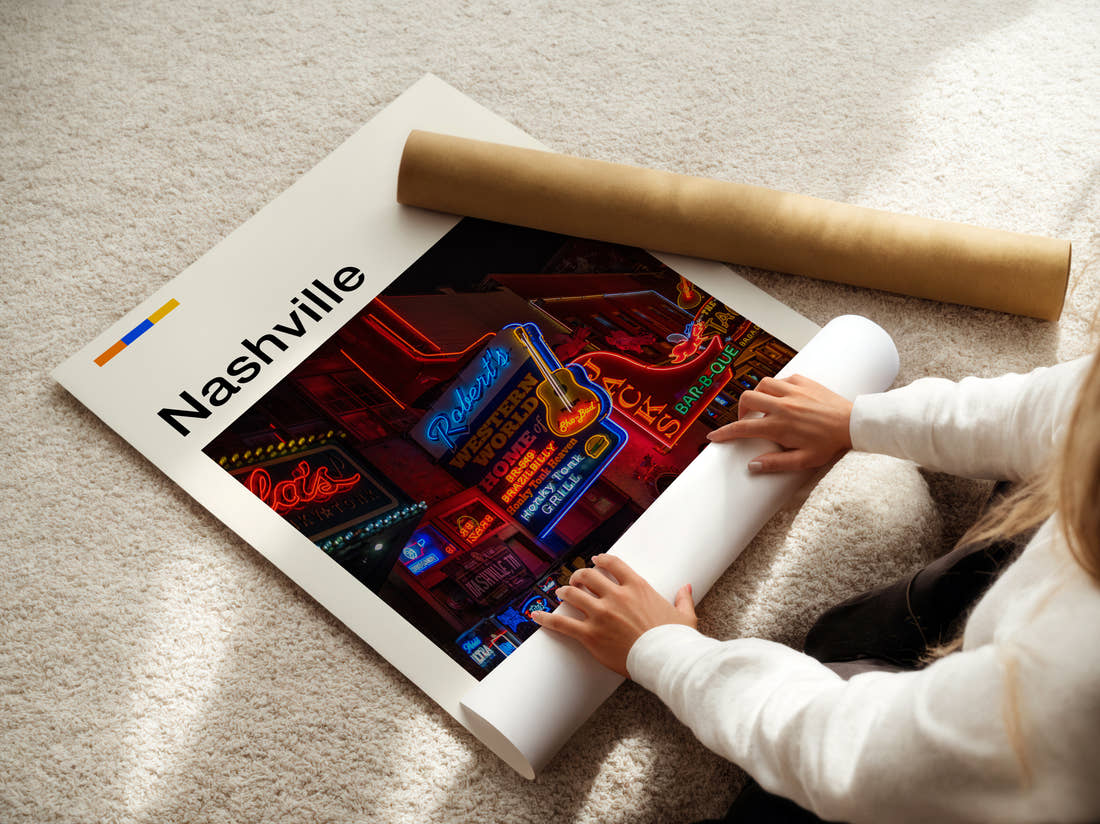 Nashville Neon Bar Signs Travel Print being unrolled from its postal tube