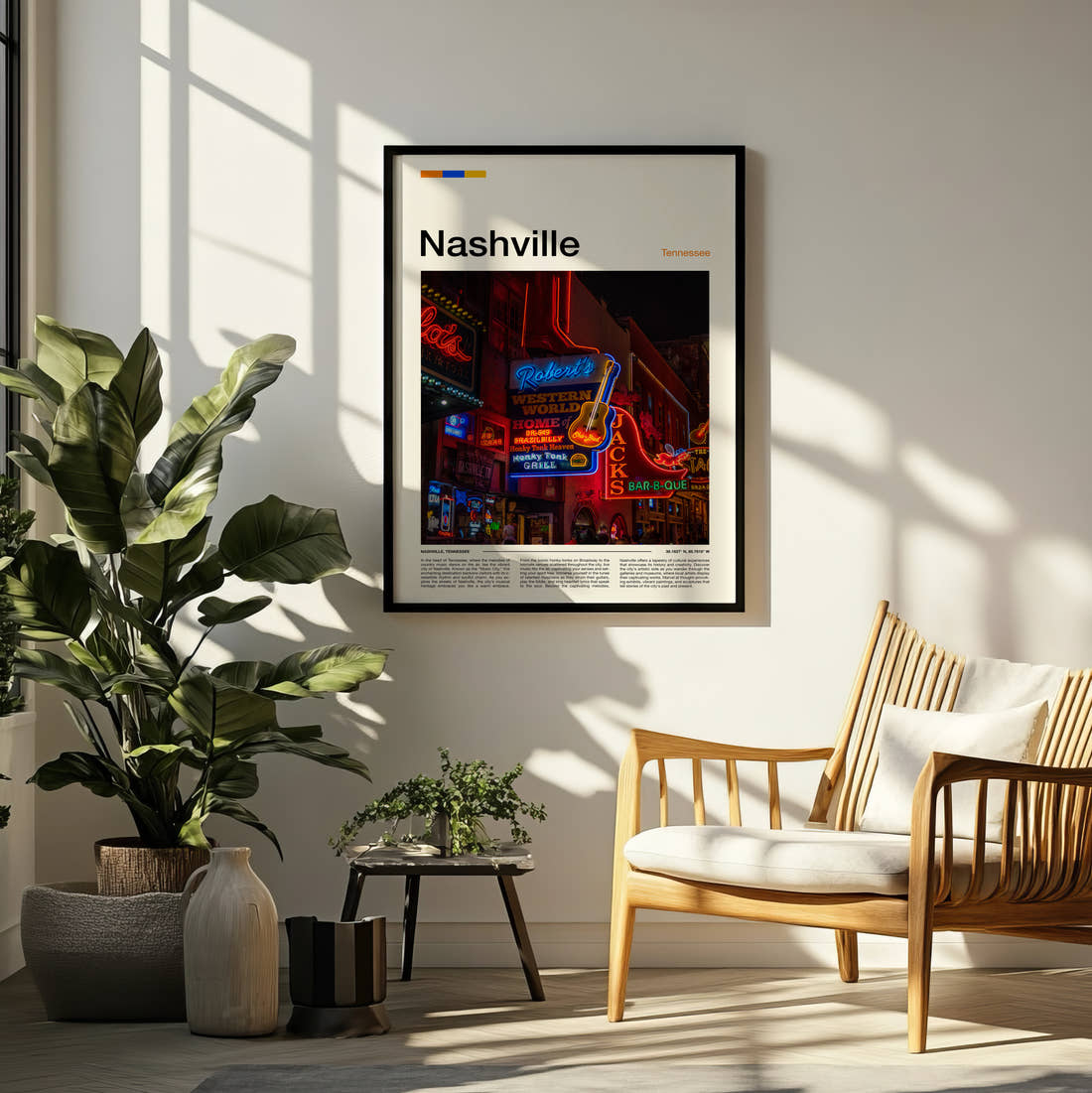 Nashville Neon Bar Signs Travel Print framed on a pale wall beside houseplants