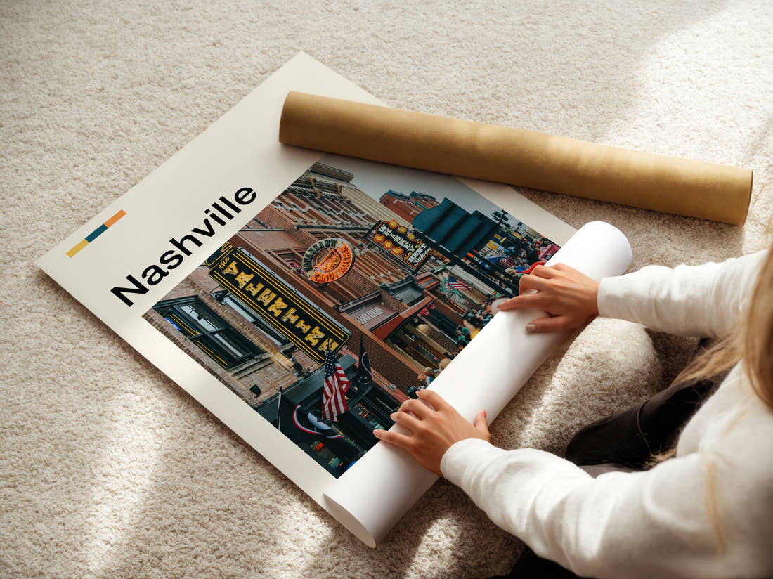 Nashville Honky Tonk Signs Travel Print being unrolled from its postal tube