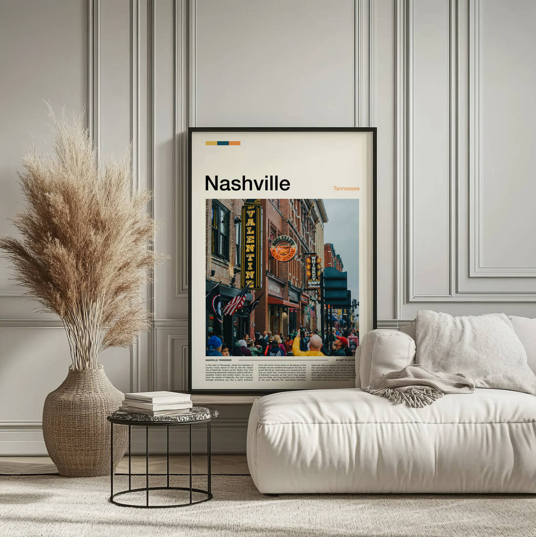 Nashville Honky Tonk Signs Travel Print framed on the wall of a calm, neutral bedroom