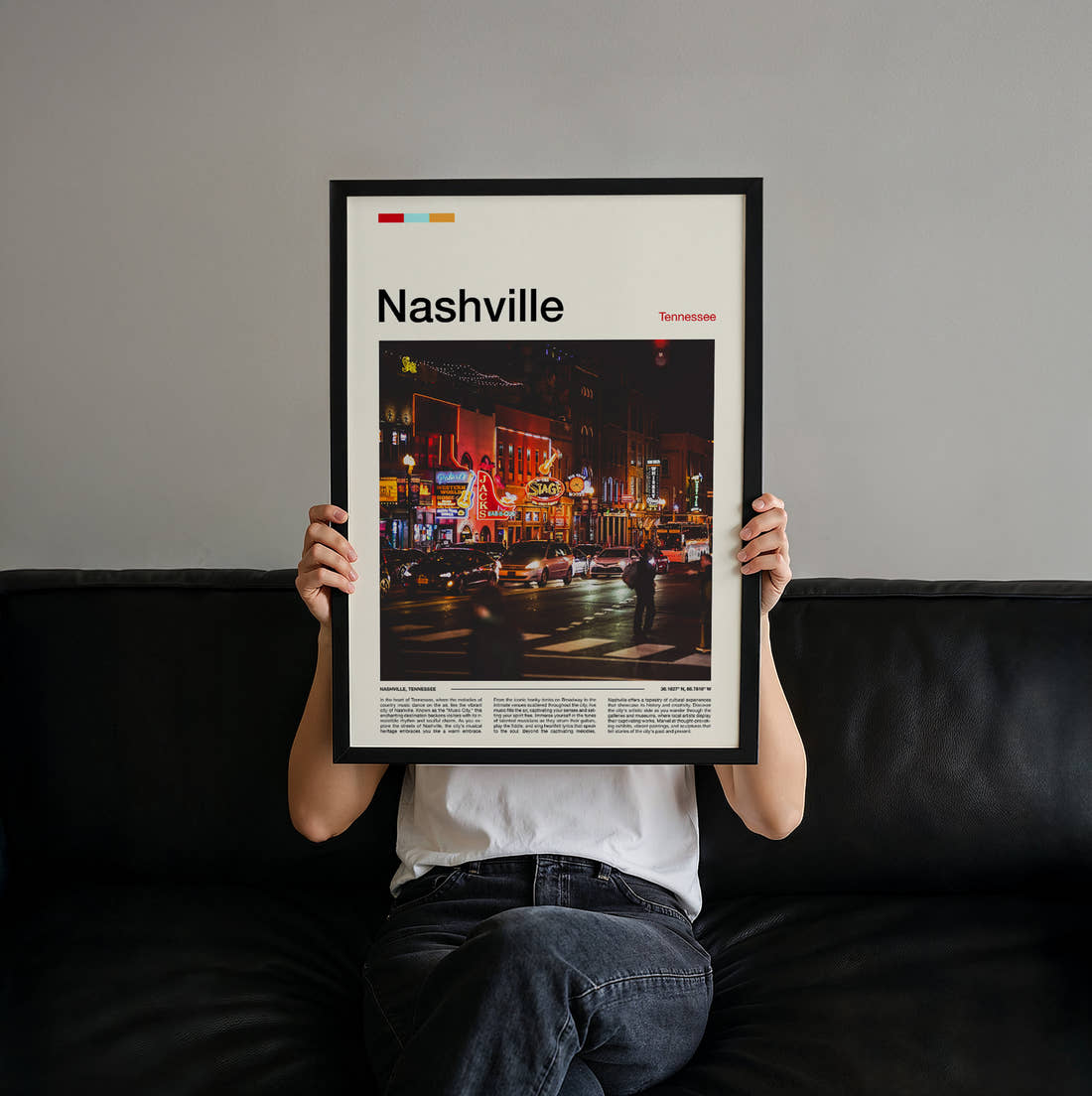 Nashville Neon Lit Street Travel Print held up by hand to show the size of the print
