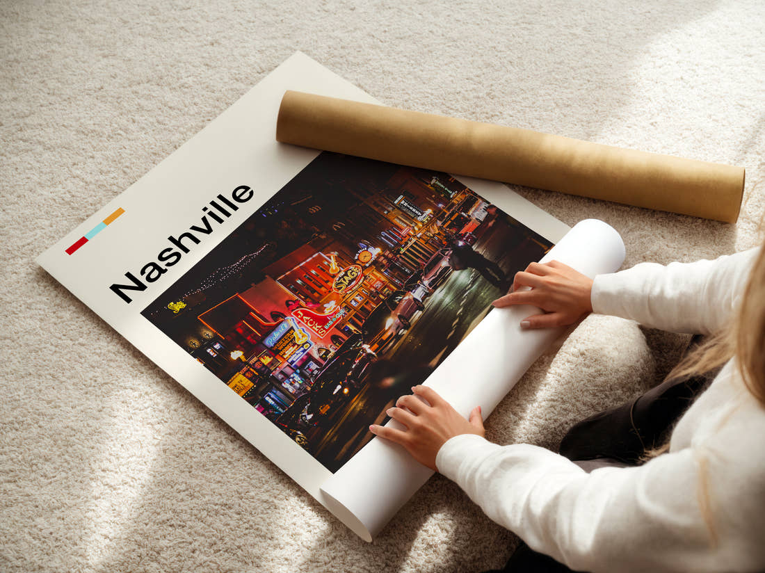 Nashville Neon Lit Street Travel Print being unrolled from its postal tube