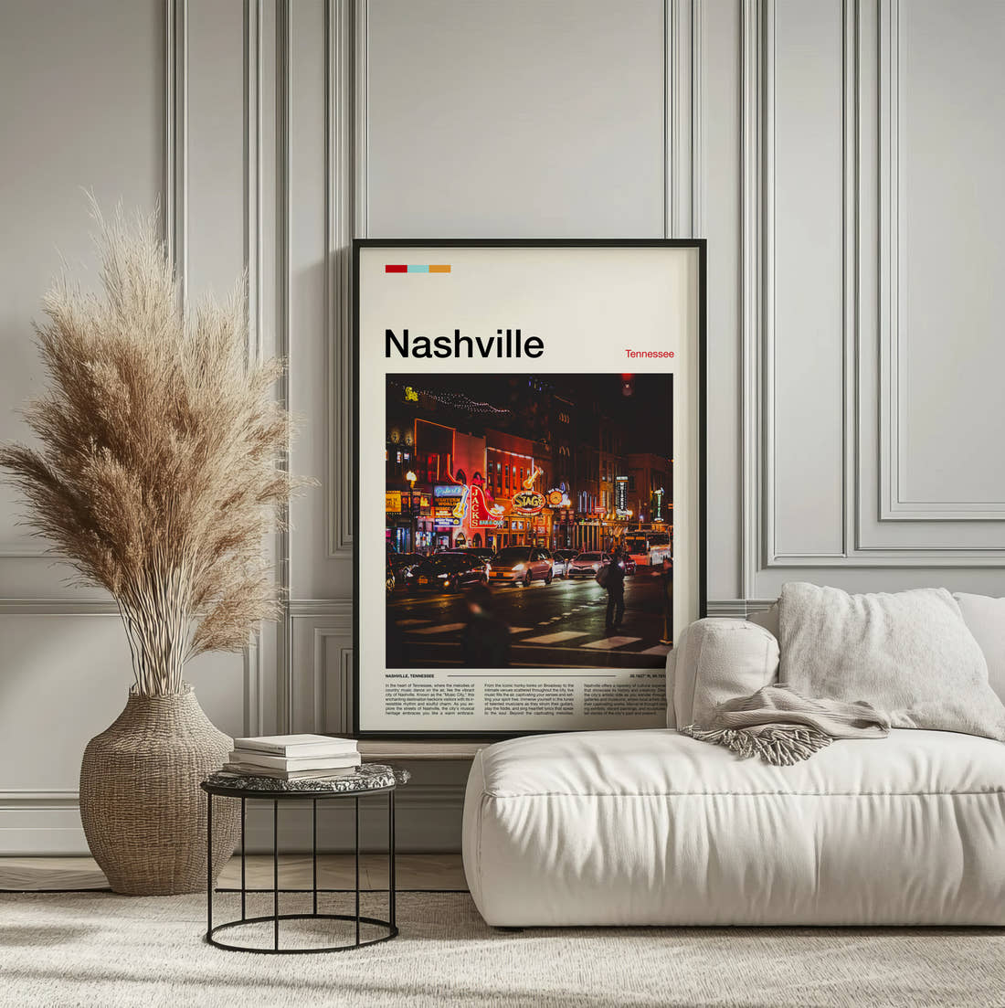 Nashville Neon Lit Street Travel Print framed on the wall of a calm, neutral bedroom