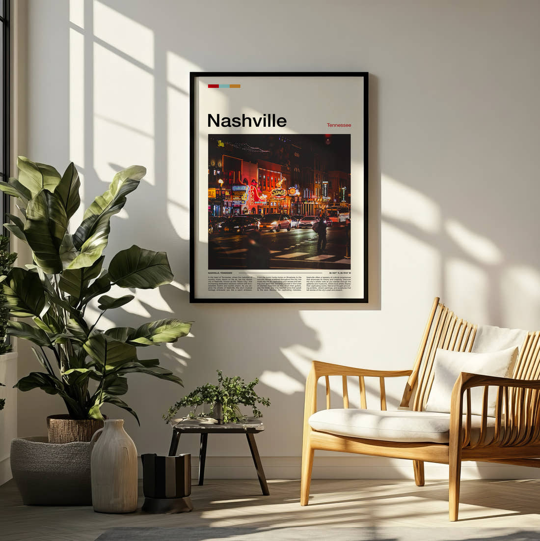 Nashville Neon Lit Street Travel Print framed on a pale wall beside houseplants