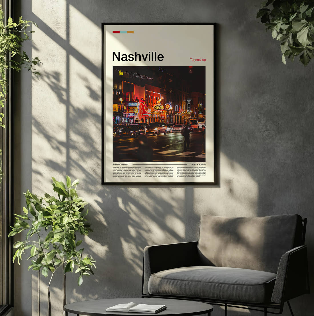 Nashville Neon Lit Street Travel Print framed on the wall of a relaxed living room