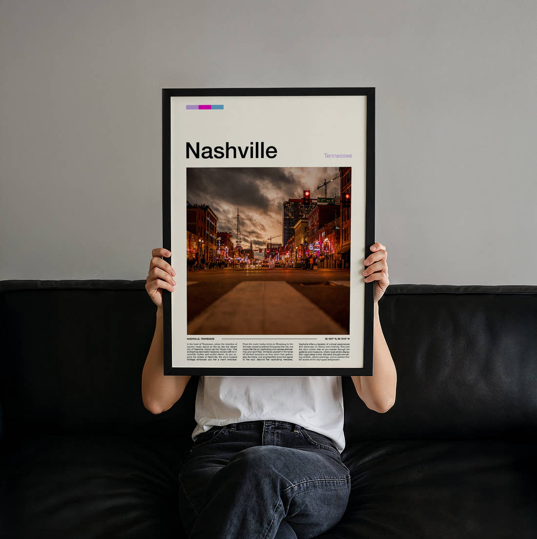 Nashville Moody Street At Dusk Travel Print held up by hand to show the size of the print