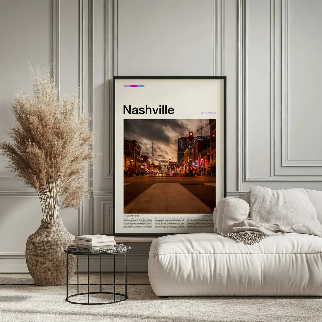 Nashville Moody Street At Dusk Travel Print framed on the wall of a calm, neutral bedroom