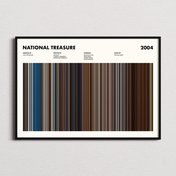 National Treasure Movie Barcode Poster framed and photographed straight on