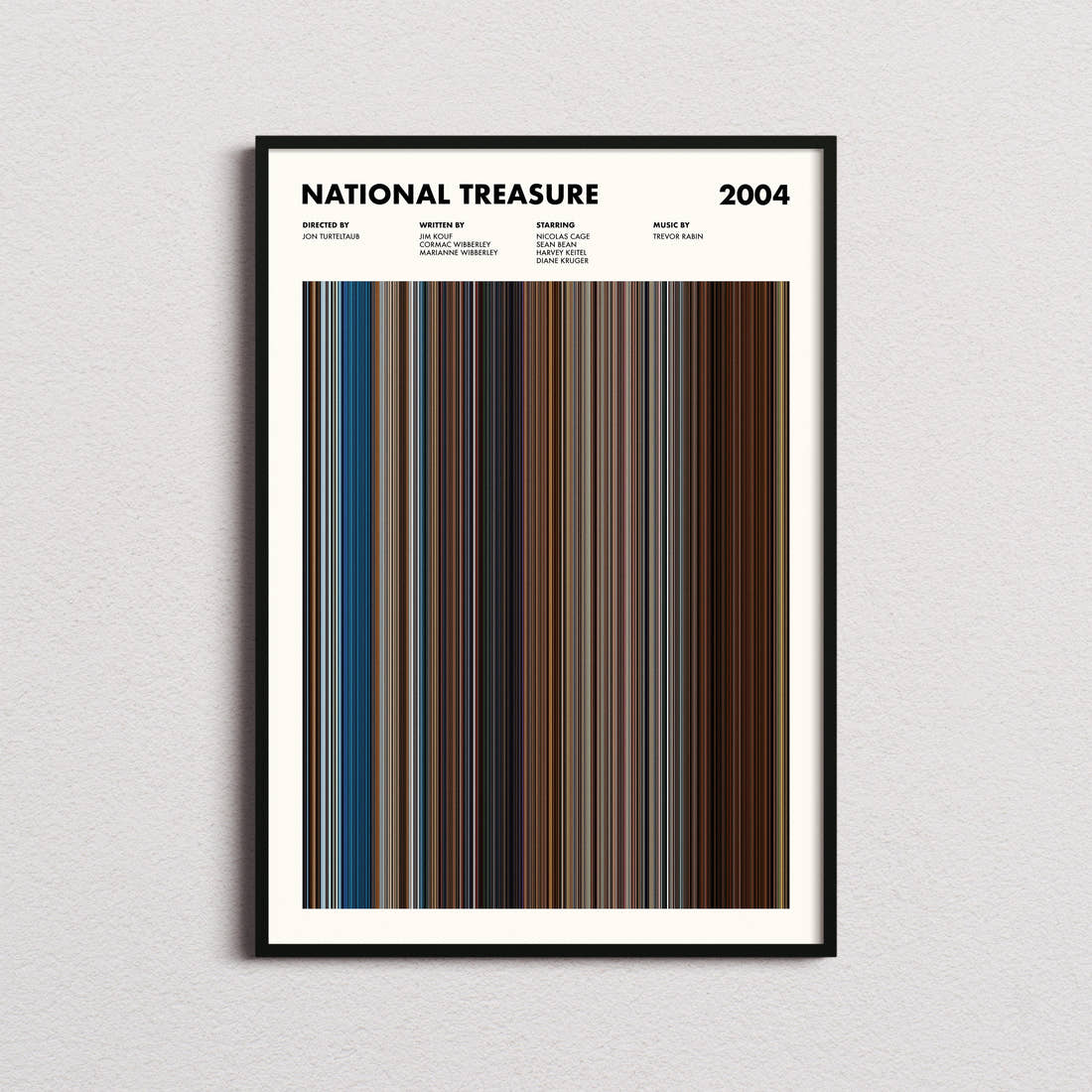 National Treasure Movie Barcode Poster framed on a plain studio wall