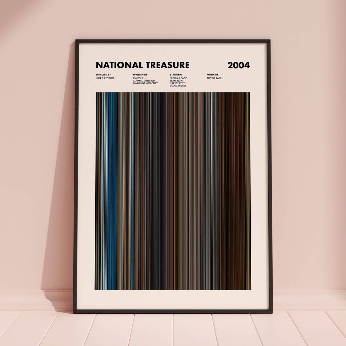 National Treasure Movie Barcode Poster framed and leaning against a coloured wall