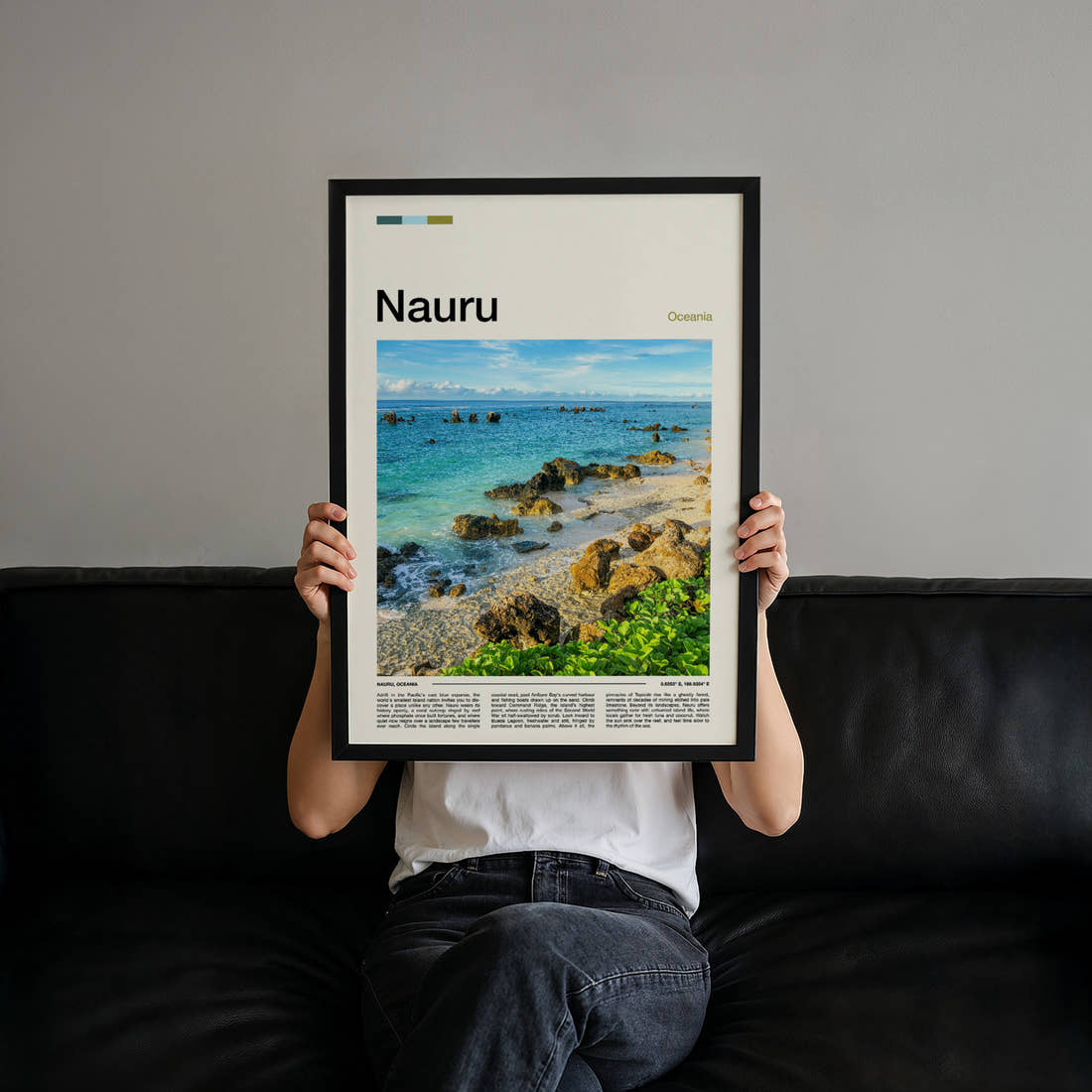 Nauru Rocky Coastal Shoreline Travel Print held up by hand to show the size of the print