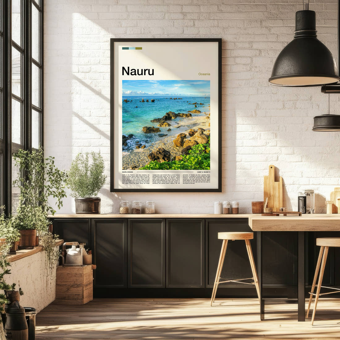 Nauru Rocky Coastal Shoreline Travel Print framed on the wall of a bright kitchen and dining space
