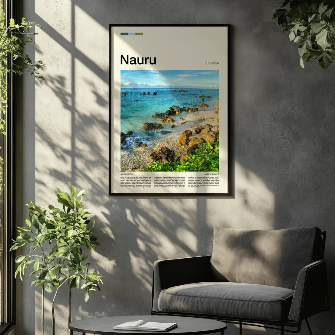 Nauru Rocky Coastal Shoreline Travel Print framed on the wall of a relaxed living room