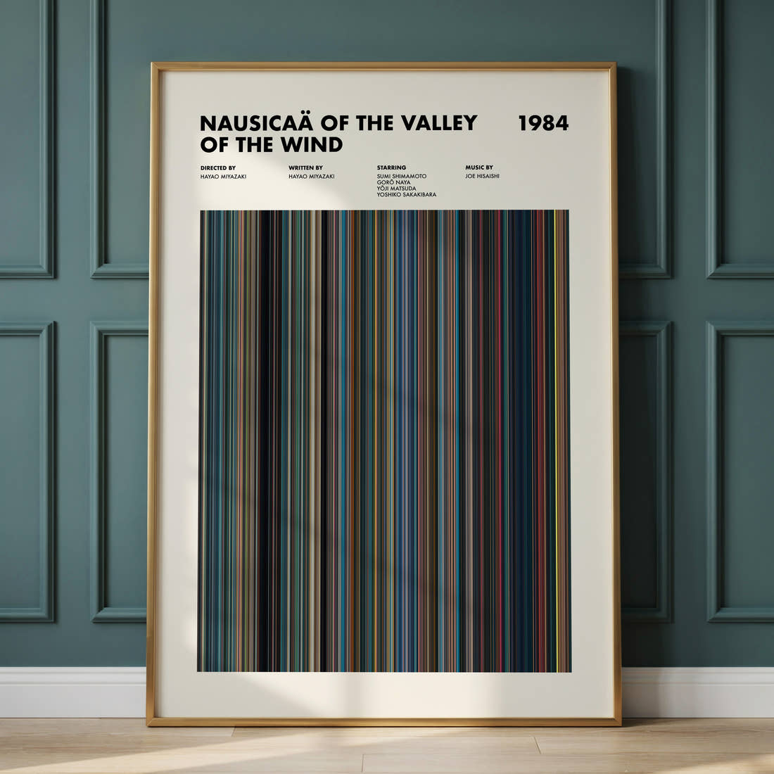 Nausicaä of the Valley of the Wind Movie Barcode Poster framed and leaning against a panelled wall