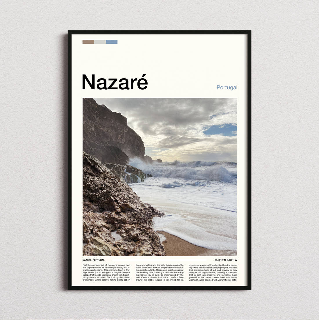 Nazare Rocky Coastline Travel Print framed and photographed straight on