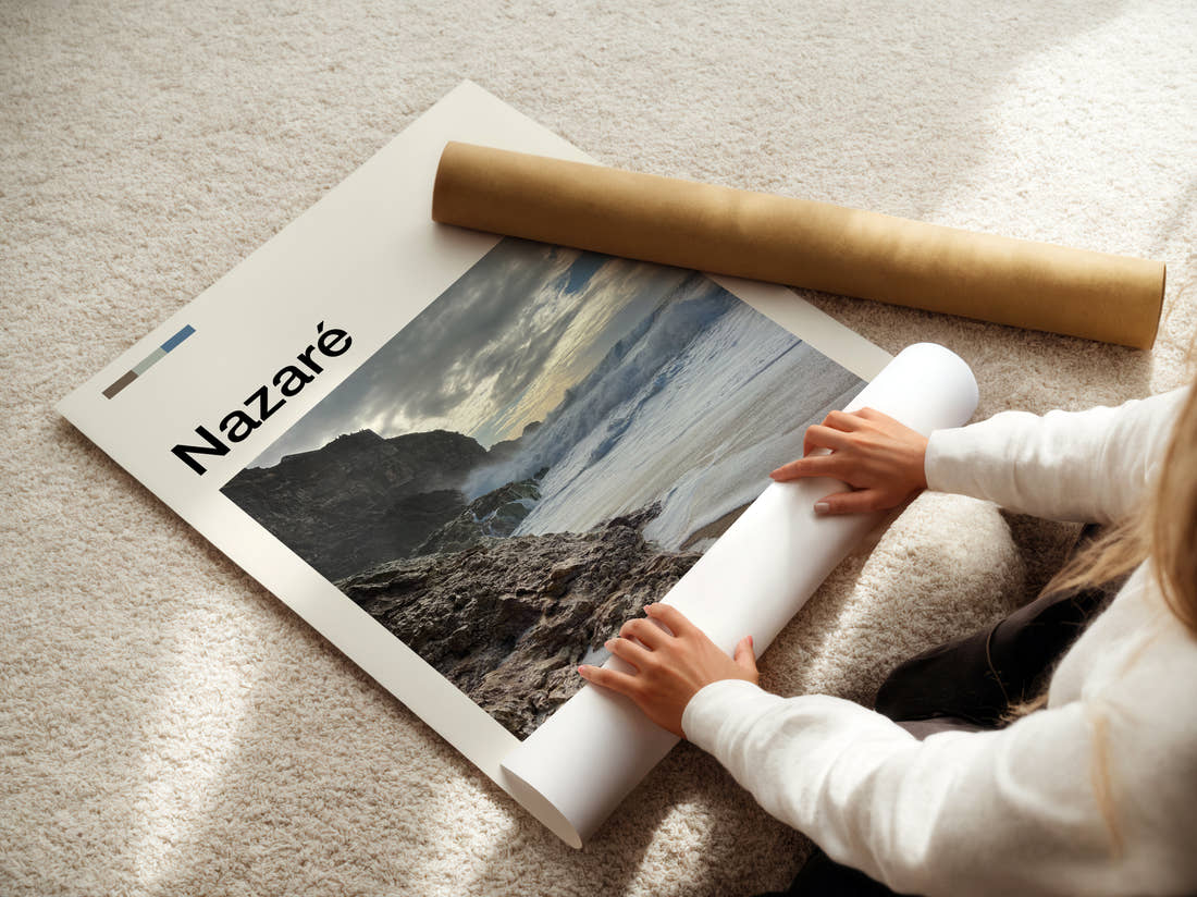 Nazare Rocky Coastline Travel Print being unrolled from its postal tube