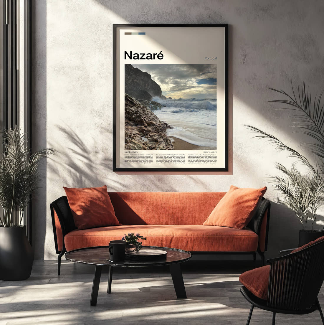 Nazare Rocky Coastline Travel Print framed on the wall of a modern living room