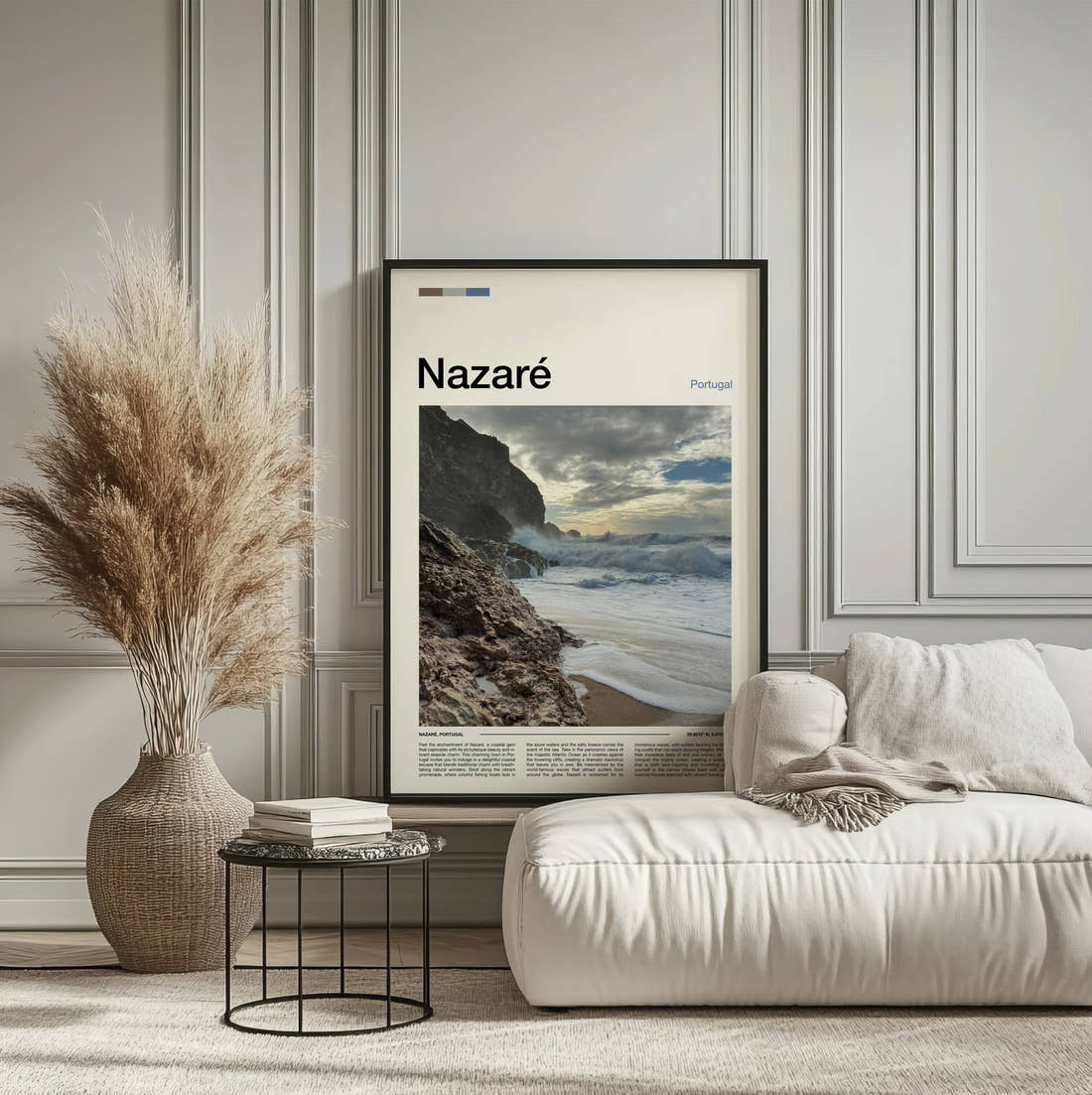 Nazare Rocky Coastline Travel Print framed on the wall of a calm, neutral bedroom