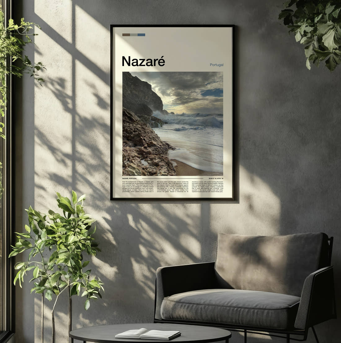 Nazare Rocky Coastline Travel Print framed on the wall of a relaxed living room