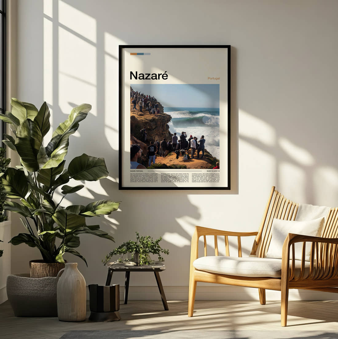 Nazare Crowd Watching Big Wave Travel Print framed on a pale wall beside houseplants