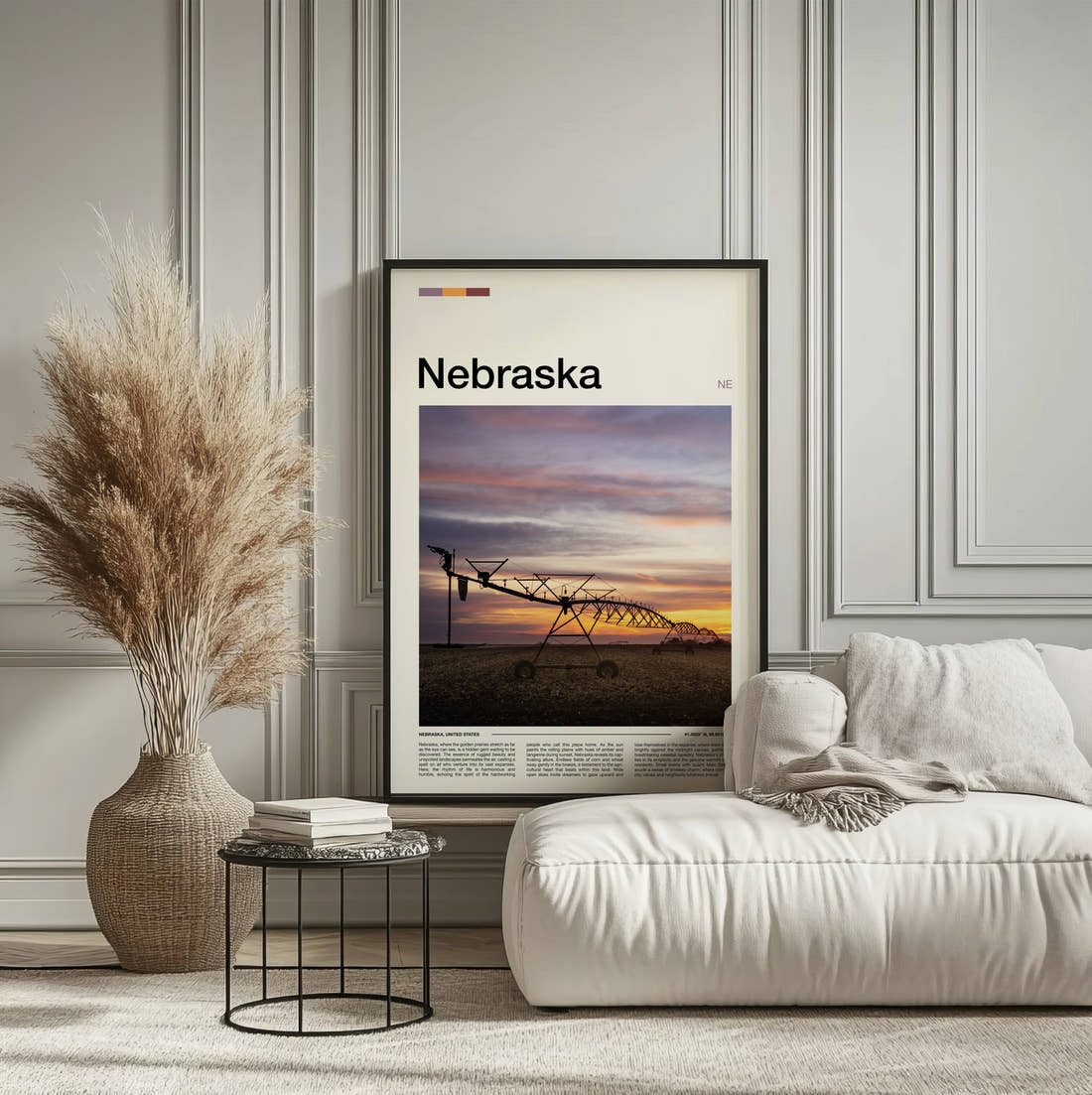 Nebraska Irrigation Sprinkler At Sunset Travel Print framed on the wall of a calm, neutral bedroom
