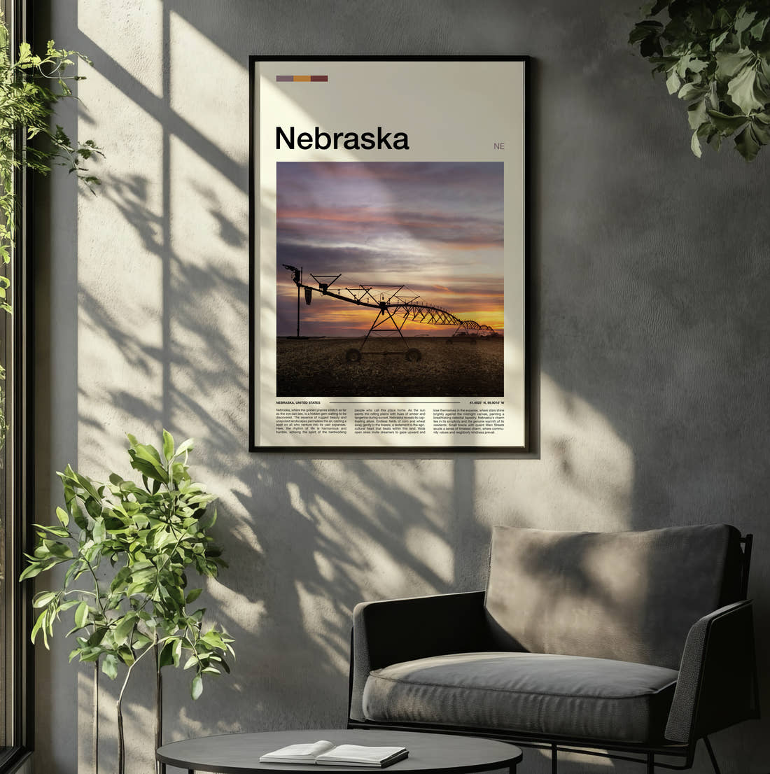 Nebraska Irrigation Sprinkler At Sunset Travel Print framed on the wall of a relaxed living room