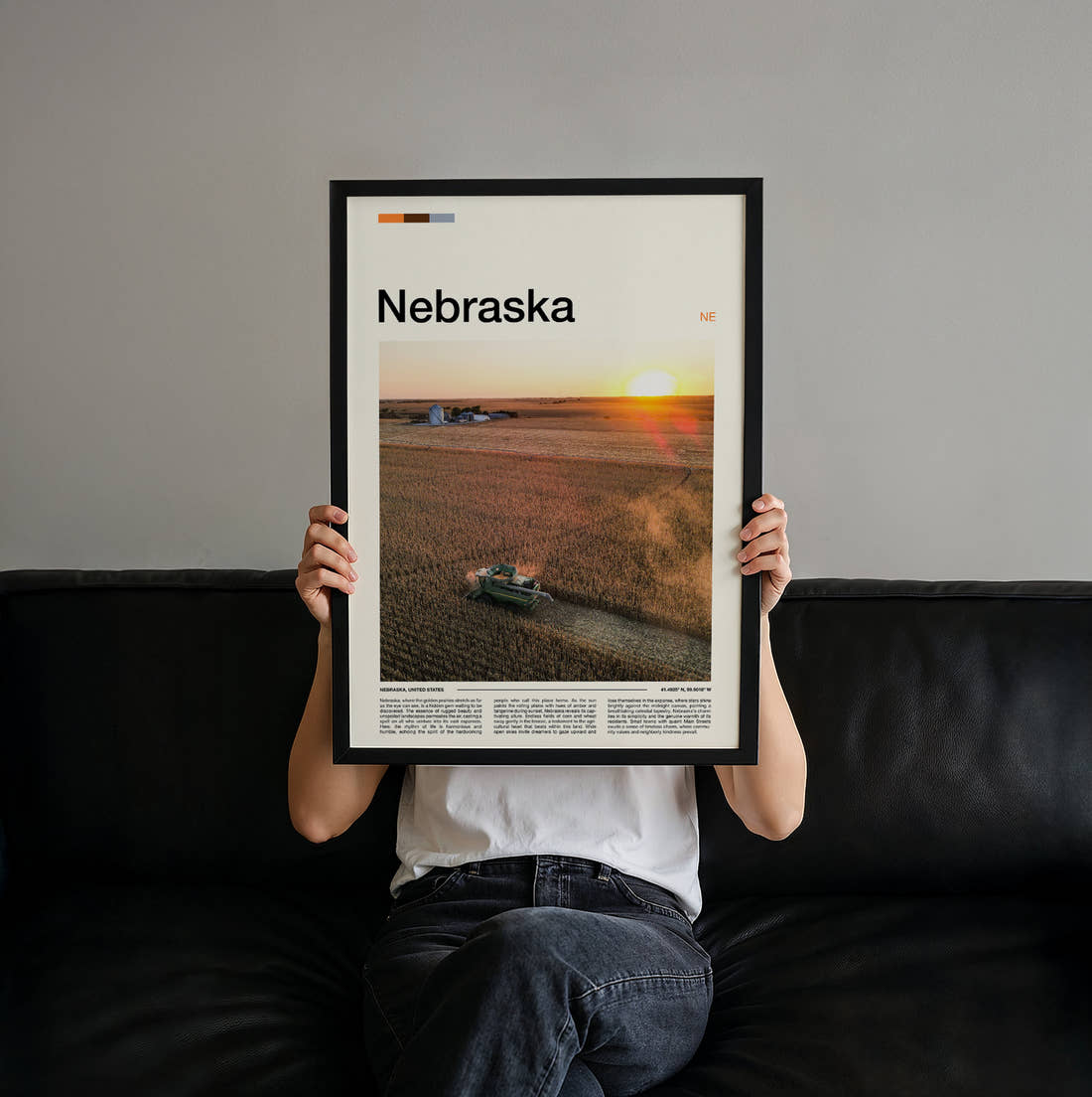 Nebraska Combine Harvester In Field Travel Print held up by hand to show the size of the print