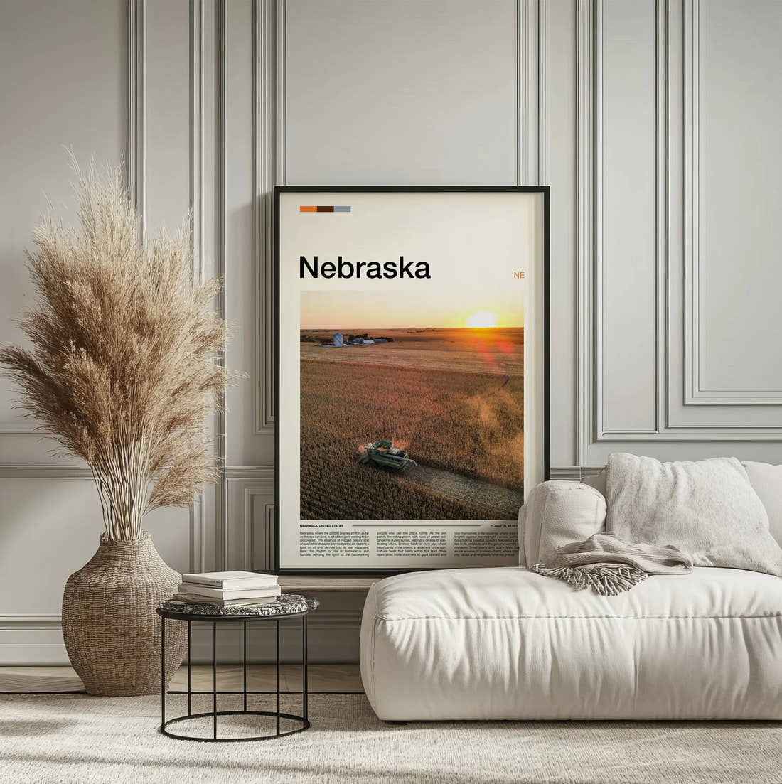 Nebraska Combine Harvester In Field Travel Print framed on the wall of a calm, neutral bedroom