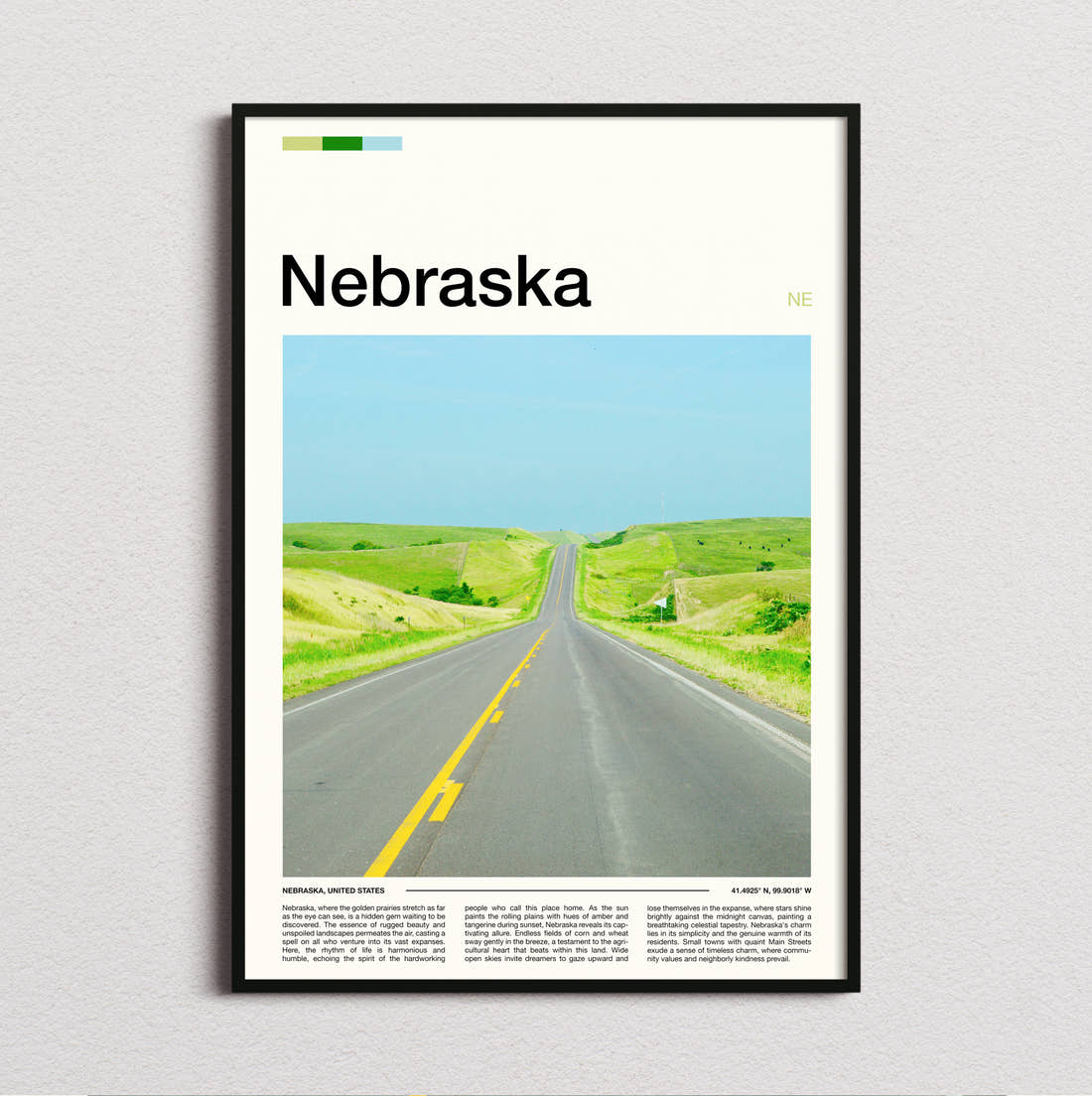 Nebraska Road Through Green Hills Travel Print framed and photographed straight on