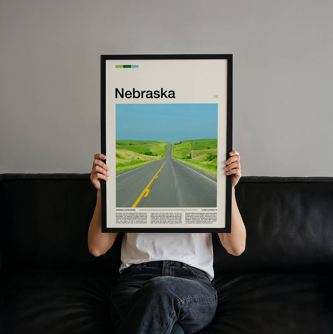 Nebraska Road Through Green Hills Travel Print held up by hand to show the size of the print