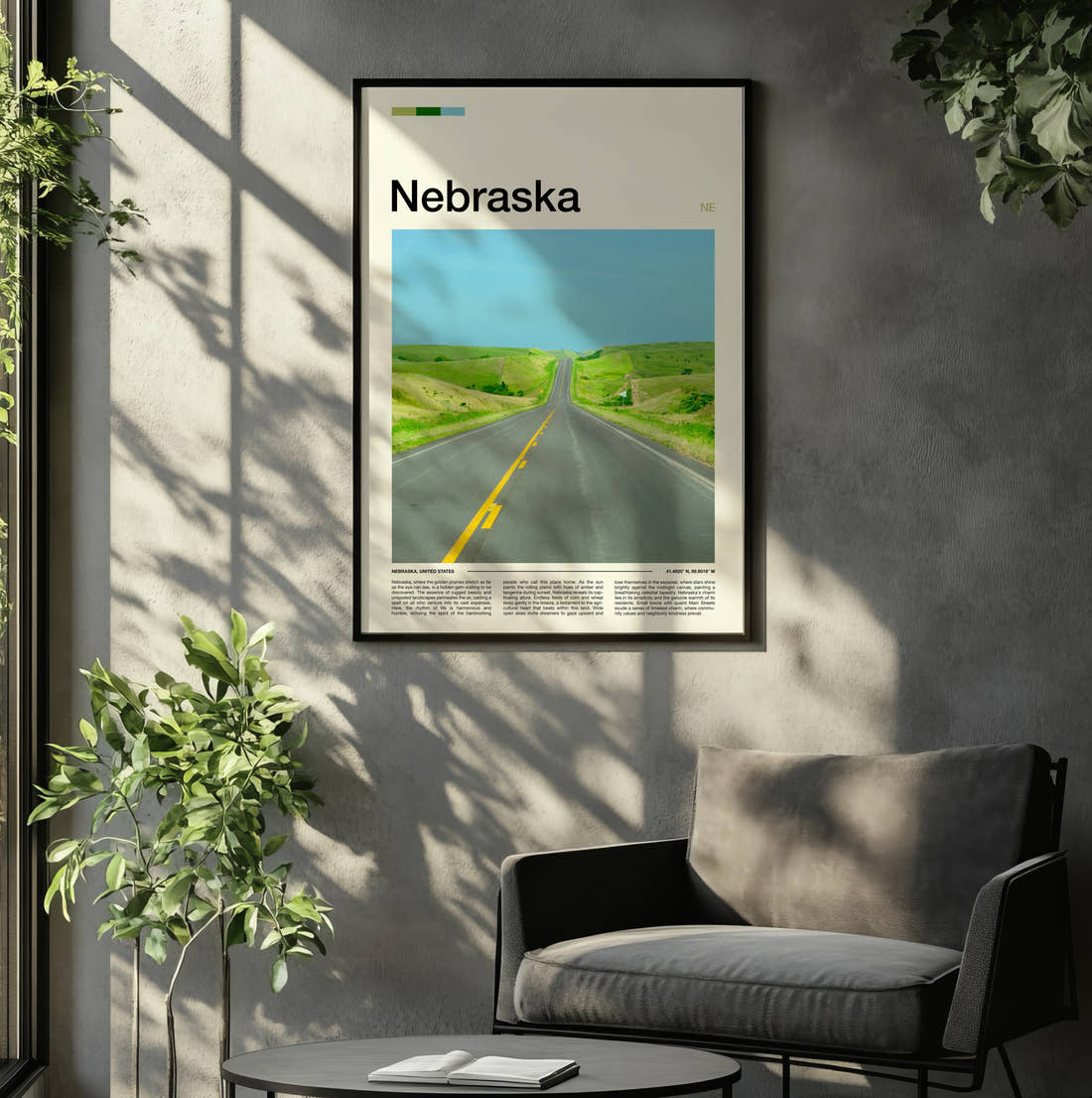 Nebraska Road Through Green Hills Travel Print framed on the wall of a relaxed living room