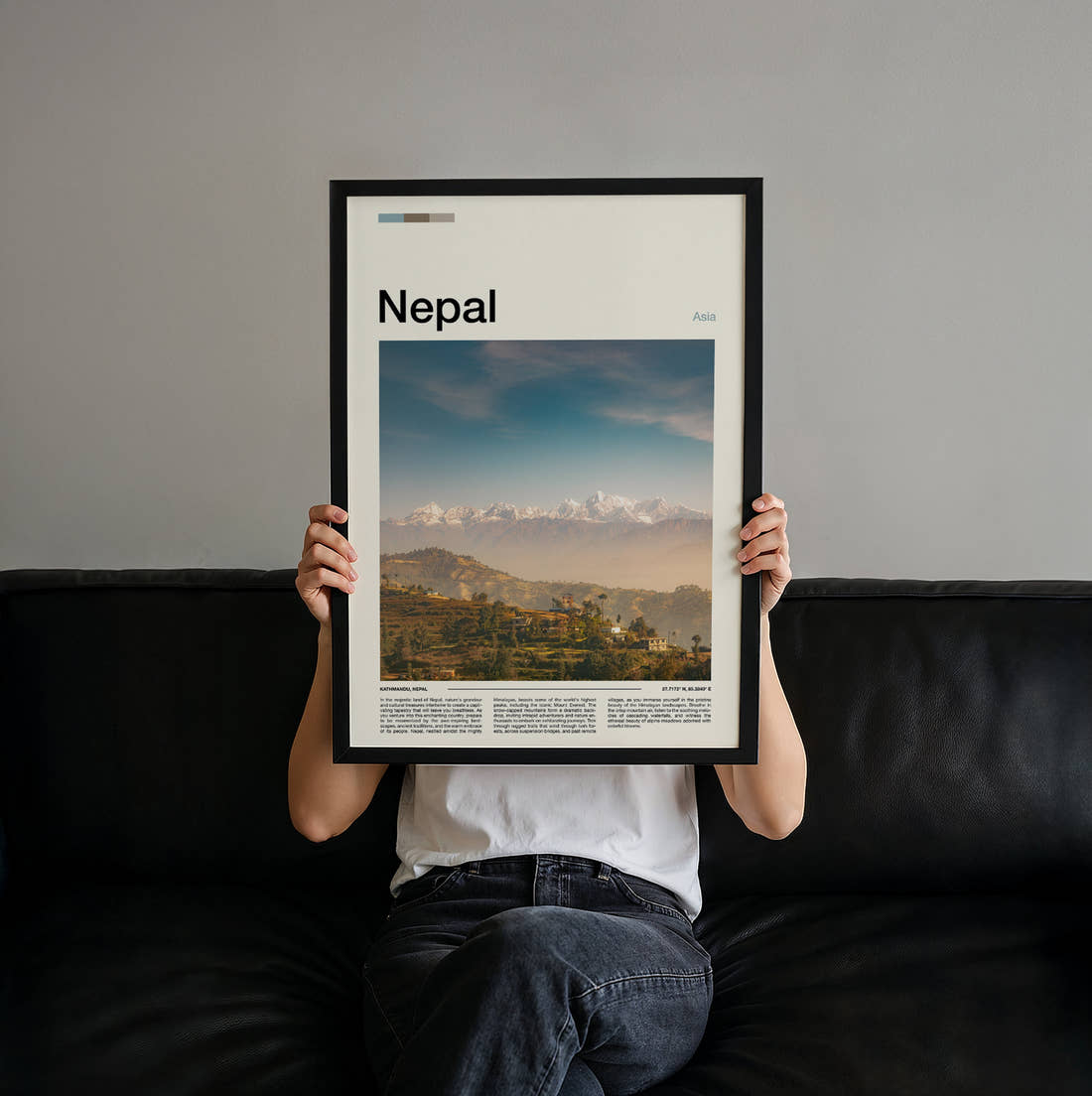 Nepal Himalayas Above The Valley Travel Print held up by hand to show the size of the print