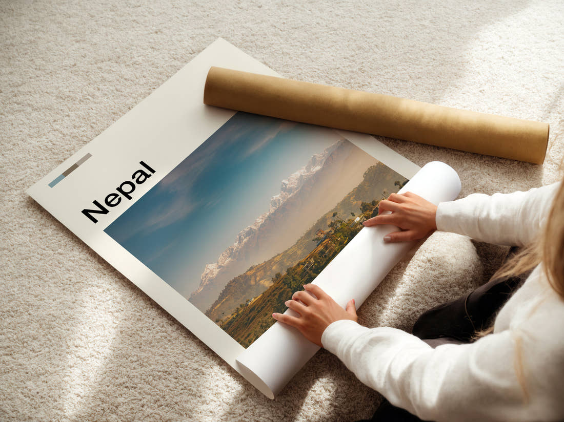 Nepal Himalayas Above The Valley Travel Print being unrolled from its postal tube
