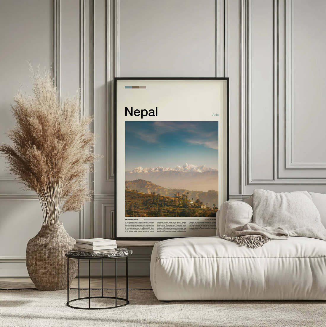 Nepal Himalayas Above The Valley Travel Print framed on the wall of a calm, neutral bedroom